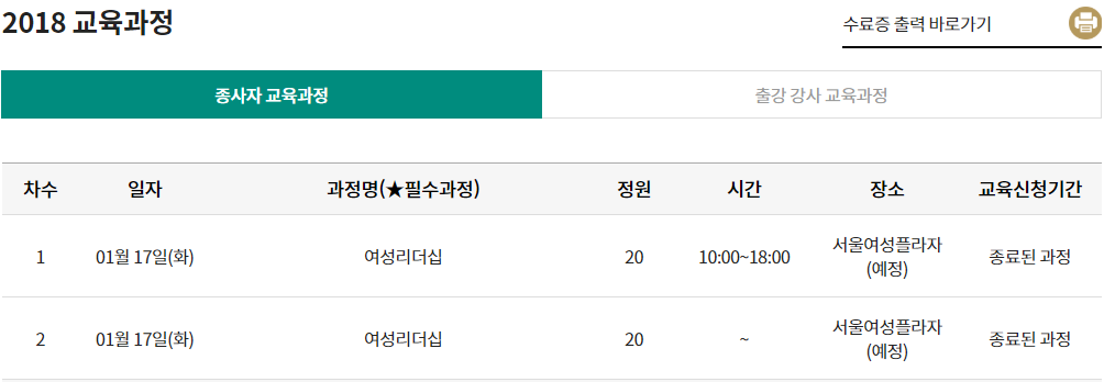 수료증 출력 바로가기 및 2018 교육과정 탭 예시 이미지